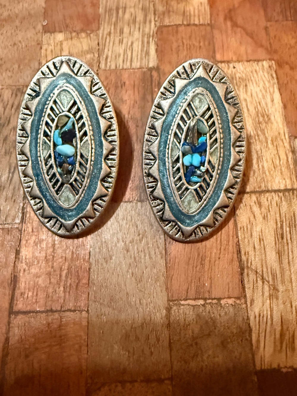 Vintage Turquoise Clip On Earrings in Antiqued Metal